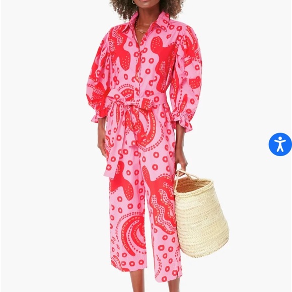 FARM Rio Pants - NWT FARM Rio Octocool Jumpsuit w Pink and Red Octopus Print, Puff Sleeves, Sz S